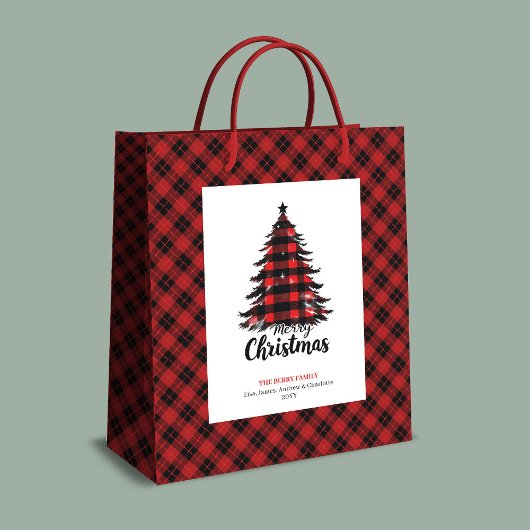 Rustic red black tartan Christmas gift bag custom Medium Cadeauzakje