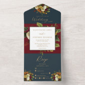 Rustic Red | Blauwgroen Oranje huwelijk met Floral All In One Uitnodiging (Binnen)