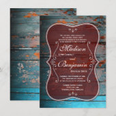 Rustic Red Blue Wood Country Wedding Invitations Kaart (Voorkant / Achterkant)