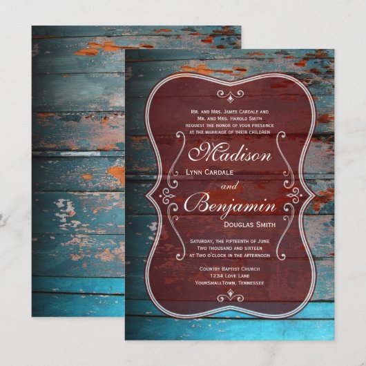 Rustic Red Blue Wood Country Wedding Invitations Kaart (Voorkant / Achterkant)