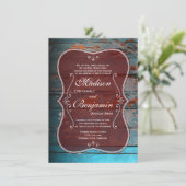 Rustic Red Blue Wood Country Wedding Invitations Kaart (Staand voorkant)