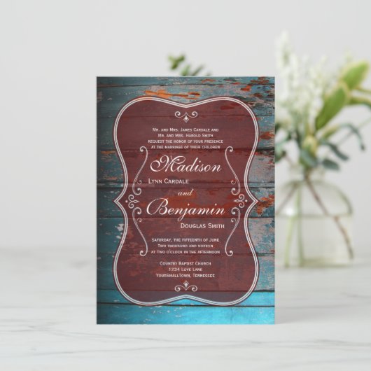 Rustic Red Blue Wood Country Wedding Invitations Kaart (Staand voorkant)