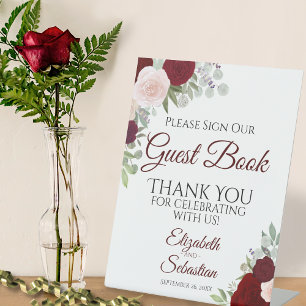 Rustic Red Boho Floral Onderteken ons gastboek Reclamebord Met Voetstuk