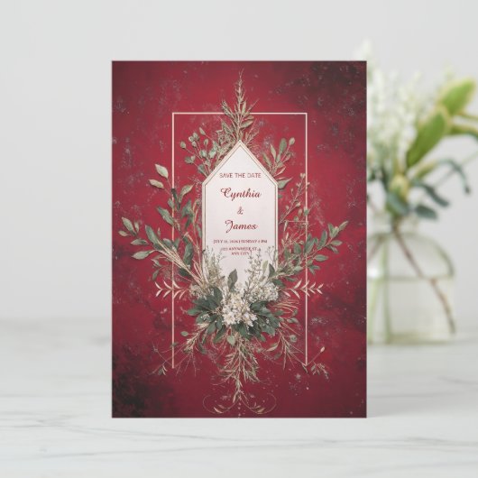 Rustic Red Botanical Wedding Uitnodiging (Staand voorkant)