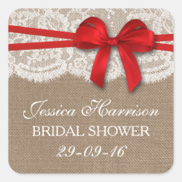 Rustic Red Bow, Burlap en Lace Vrijgezellenfeest Vierkante Sticker