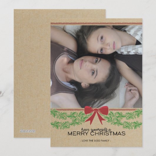 Rustic Red Bow & Garland Holiday Photo Card Feestdagenkaart (Voorkant / Achterkant)