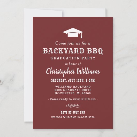 Rustic Red Brown Backyard BBQ Graduation Party Kaart (Voorkant)