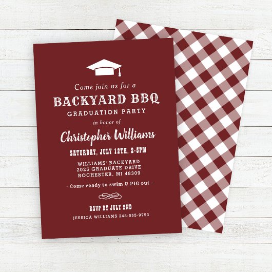 Rustic Red Brown Backyard BBQ Graduation Party Kaart