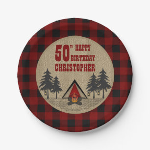 Rustic Red Buffalo Check Camp Birthday Papieren Bordje