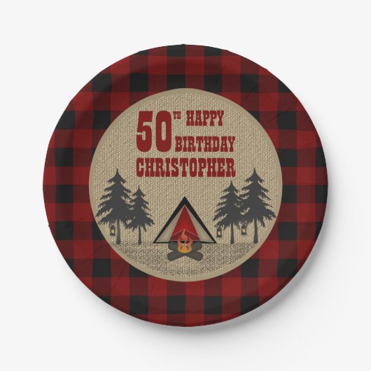 Rustic Red Buffalo Check Camp Birthday Papieren Bordje (Voorkant)