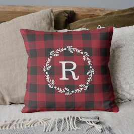 Rustic Red Buffalo Check Christmas Wreath Initiaal Kussen