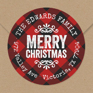 Rustic Red Buffalo Check Holiday Return Adres Ronde Sticker