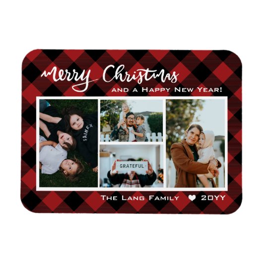 Rustic Red Buffalo Check Merry Kerstcollage Magneet (Horizontaal)