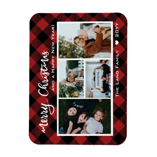 Rustic Red Buffalo Check Merry Kerstcollage Magneet (Verticaal)