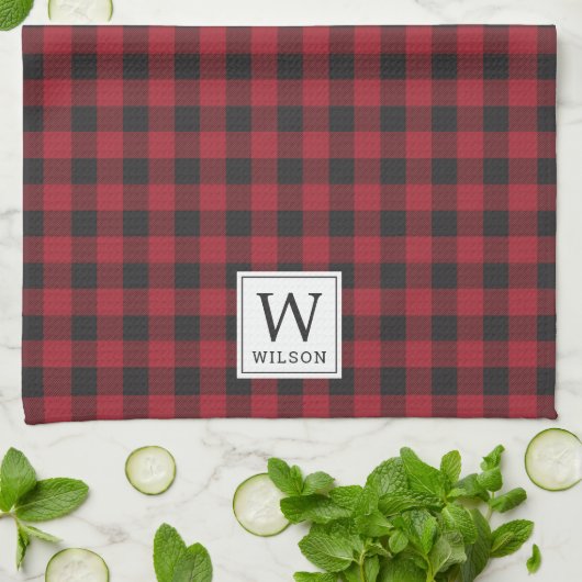 Rustic Red Buffalo Check Monogram Kerstmis Theedoek (Gevouwen)