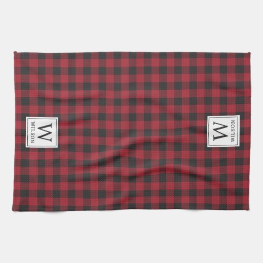 Rustic Red Buffalo Check Monogram Kerstmis Theedoek (Horizontaal)