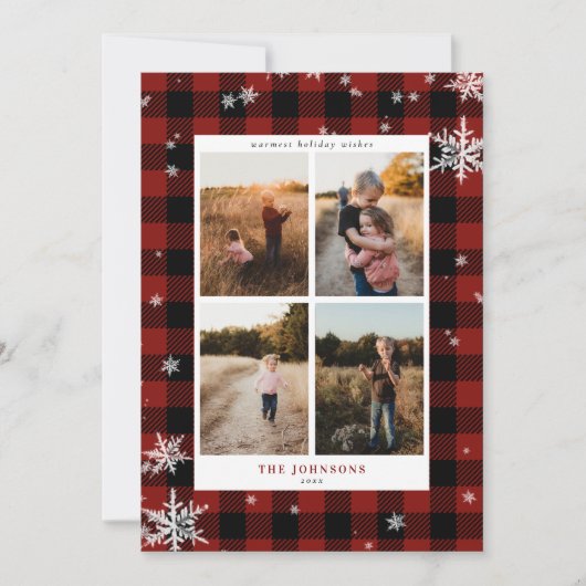 Rustic Red Buffalo Check Snowflake 4 Foto Feestdagenkaart (Voorkant)