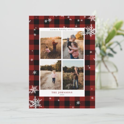 Rustic Red Buffalo Check Snowflake 4 Foto Feestdagenkaart (Staand voorkant)