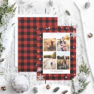 Rustic Red Buffalo Check Snowflake 4 Foto Feestdagenkaart
