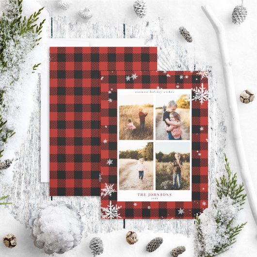 Rustic Red Buffalo Check Snowflake 4 Foto Feestdagenkaart