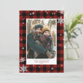 Rustic Red Buffalo Check Snowflake Photo Feestdagenkaart (Staand voorkant)