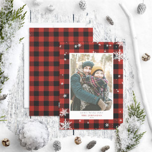Rustic Red Buffalo Check Snowflake Photo Feestdagenkaart