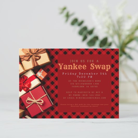 Rustic Red Buffalo Check Yankee Swap Holiday Party Kaart (Staand voorkant)