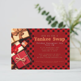 Rustic Red Buffalo Check Yankee Swap Holiday Party Kaart