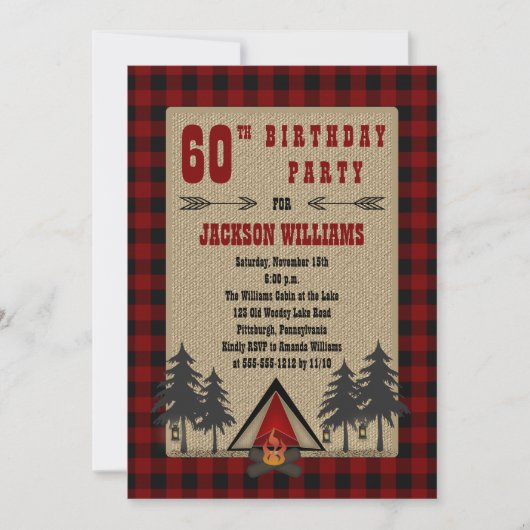 Rustic Red Buffalo checkt Camping Birthday Party Kaart (Voorkant)