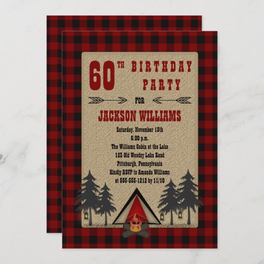Rustic Red Buffalo checkt Camping Birthday Party Kaart (Voorkant / Achterkant)