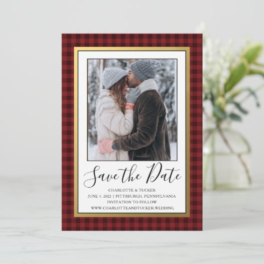 Rustic Red Buffalo | De foto bewaart de Datum Save The Date (Staand voorkant)