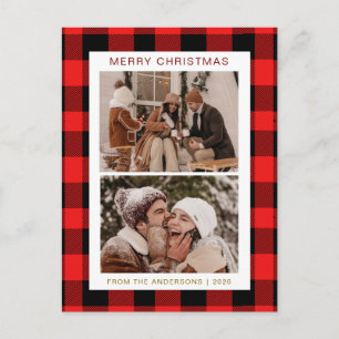 Rustic Red Buffalo Plaid 2 Foto Kerst Familie Feestdagenkaart