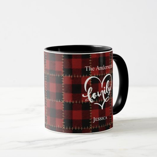 Rustic Red Buffalo Plaid Customizable Family Name Mok (Voorkant rechts)