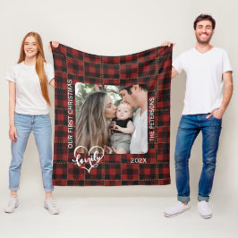 Rustic Red Buffalo Plaid First Christmas Family Fleece Deken