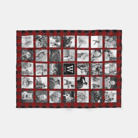 Rustic Red Buffalo Plaid Monogram Fotocollage Fleece Deken (Voorkant (Horizontaal))