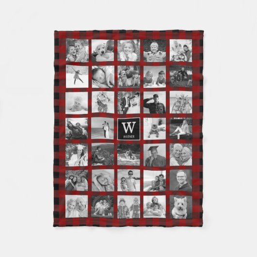 Rustic Red Buffalo Plaid Monogram Fotocollage Fleece Deken (Voorkant)