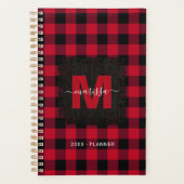 Rustic Red Buffalo Plaid Monogram Naam 2025 Planner (Voorkant)
