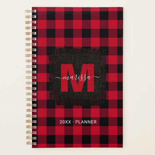 Rustic Red Buffalo Plaid Monogram Naam 2025 Planner (Voorkant)