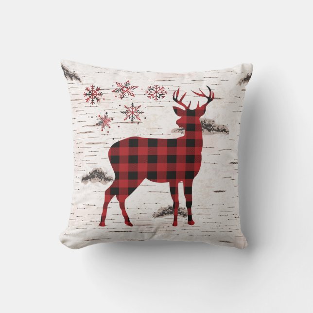 Rustic Red Buffalo Plaid Snowflakes-Rendier Kussen (Voorkant)