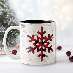 Rustic Red Buffalo Plaid Snowflakes White Birch Tweekleurige Koffiemok