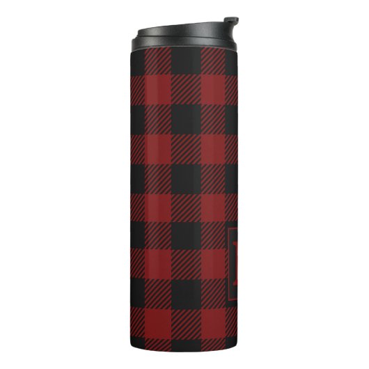 Rustic Red Buffalo Plaid Winter Monogram Thermosbeker (Gedraaid links)