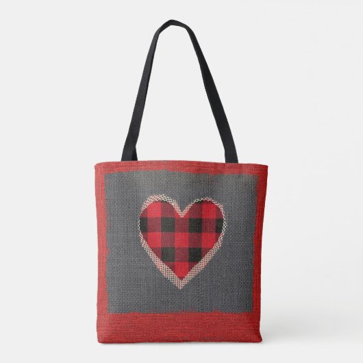 Rustic Red Buffalo Pset Heart Burlap Faux Lace Tote Bag (Achterkant)
