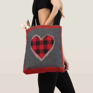 Rustic Red Buffalo Pset Heart Burlap Faux Lace Tote Bag