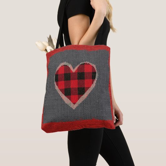 Rustic Red Buffalo Pset Heart Burlap Faux Lace Tote Bag (Dichtbij)