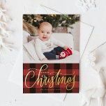 Rustic Red Buffalo Pset Merry-kerstfoto Folie Feestdagenkaart<br><div class="desc">Vrolijk kerstfeest! Stuur kerstcadeautjes naar familie en vrienden met deze gouden folie kerstfotokaart. Het heeft een roodbruine buffelvlek in rood en zwart. Personaliseer me door uw teksten en foto's toe te voegen. Deze rode kerstkaart is verkrijgbaar in andere kleuren en in andere kartonnen dozen.</div>