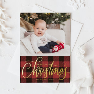Rustic Red Buffalo Pset Merry-kerstfoto Folie Feestdagenkaart