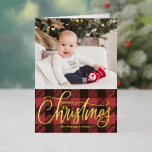 Rustic Red Buffalo Pset Merry-kerstfoto Folie Feestdagenkaart