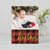 Rustic Red Buffalo Pset Merry-kerstfoto Folie Feestdagenkaart (Staand Voorkant)