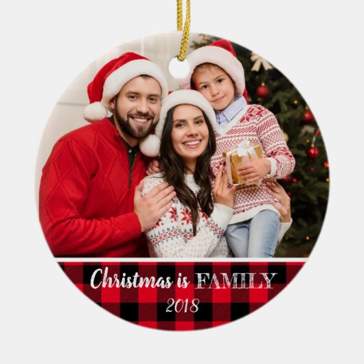 Rustic Red Buffalo Pset met kerstfoto's Keramisch Ornament (Voorkant)