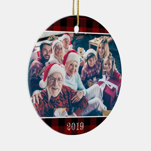 Rustic Red Buffalo Pset met kerstfoto's Keramisch Ornament (Rechts)